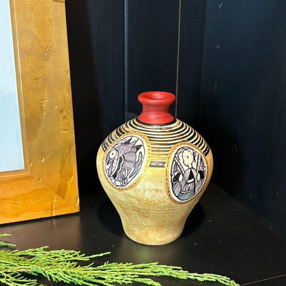 Terracotta Hand Painted Madhubani Matki Shaped Vase, Red, Gold and Black, India - Picture 1 of 10